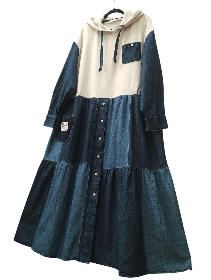 古着リメイクワンピ　ゆったりパーカーとデニムリメイクパッチワークワンピ