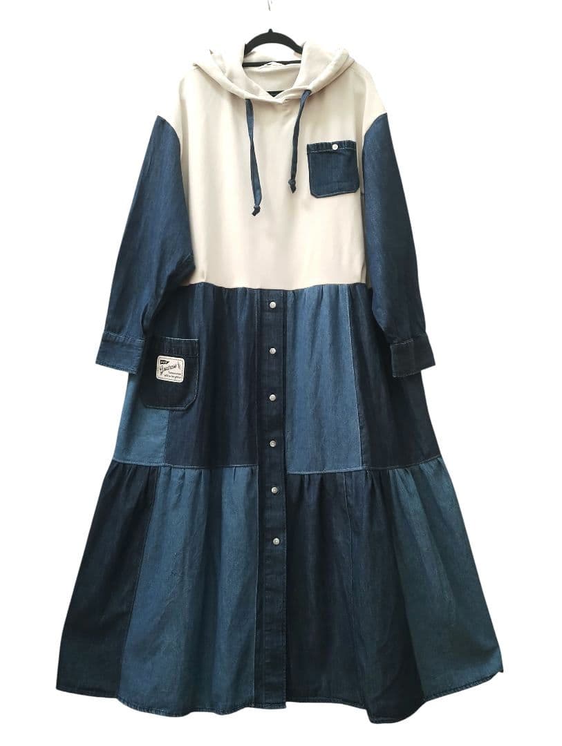 古着リメイクワンピ　ゆったりパーカーとデニムリメイクパッチワークワンピ