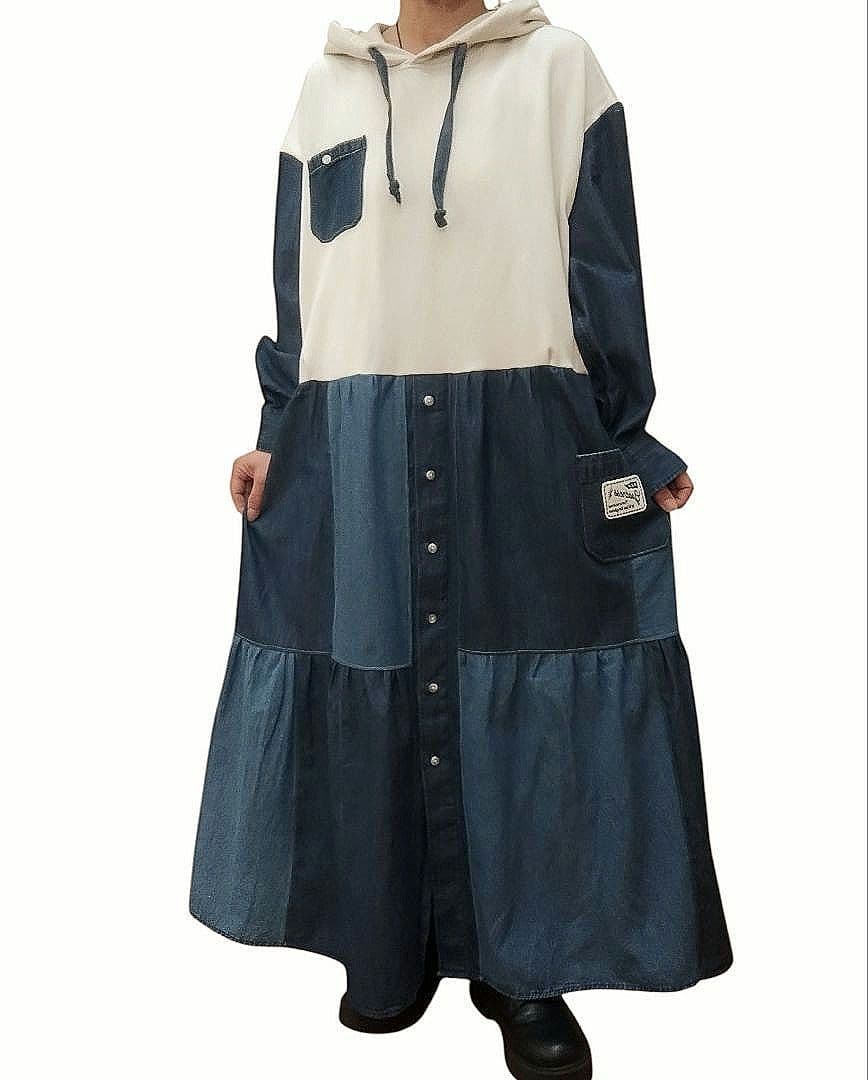 古着リメイクワンピ　ゆったりパーカーとデニムリメイクパッチワークワンピ