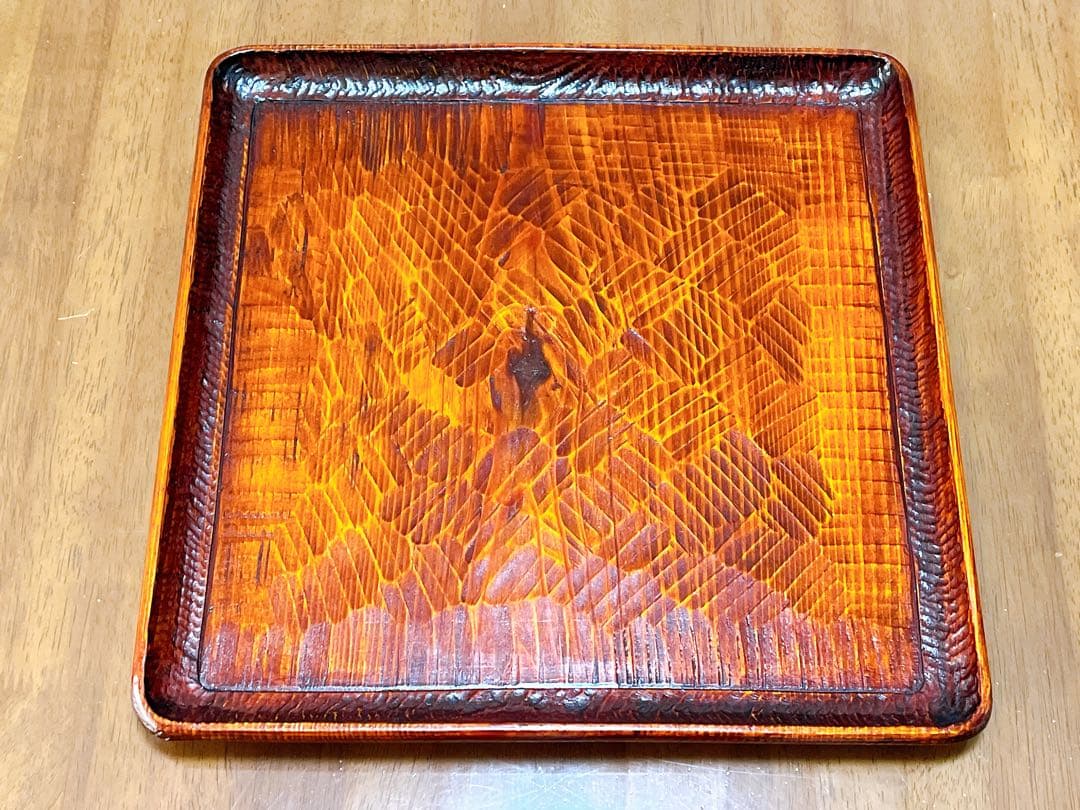 時代物 お膳 讃岐彫り 正方形 お盆 アンティーク 漆器 トレー 木彫り ３枚組