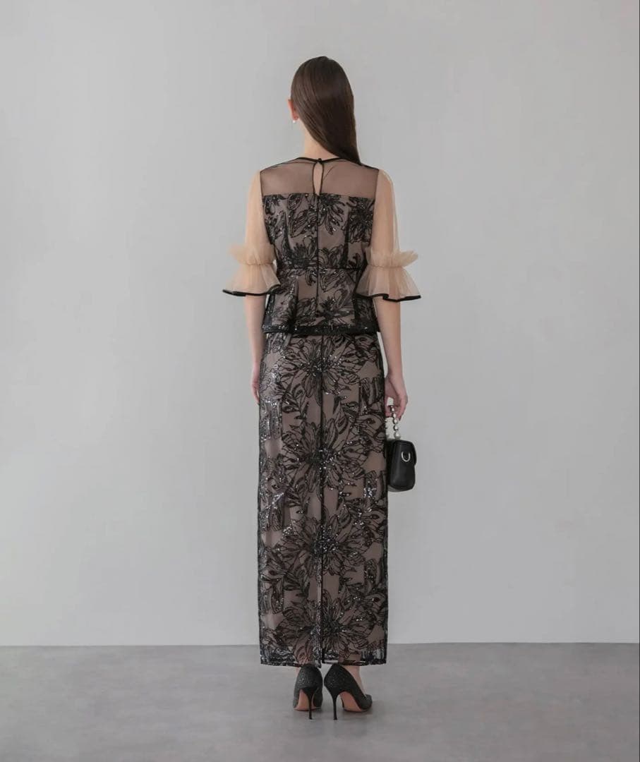 アシンメトリーシアーフラワースパンコールフリルチュール セットアップドレス