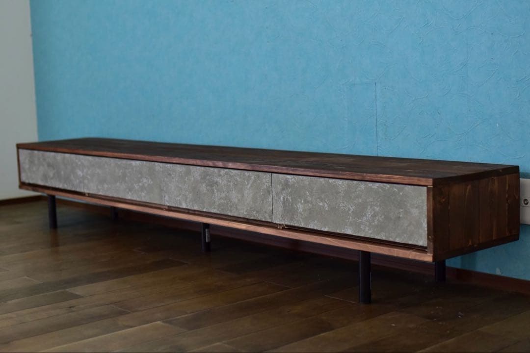 無垢材】テレビボード220㎝ダークブラウン色モルタル風　鉄脚