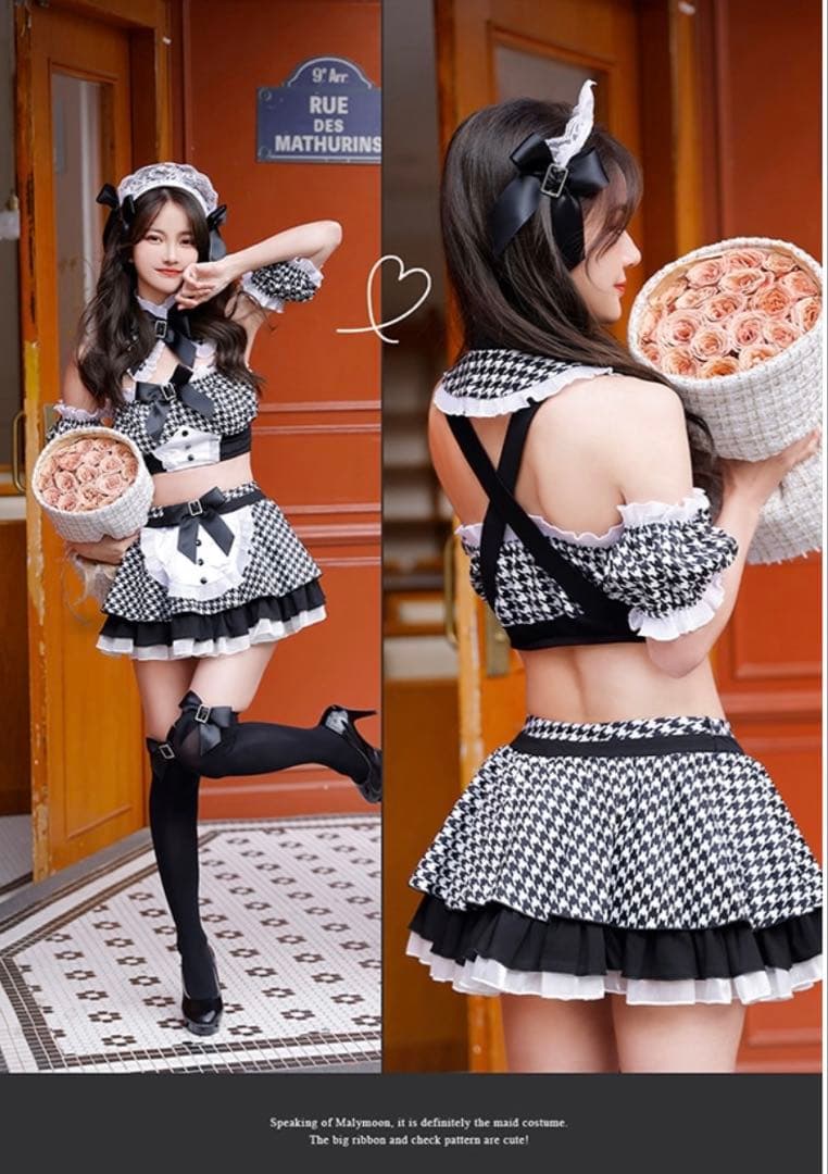 千鳥柄セクシーメイド　ハロウィンコスプレ7点セットMalymoon/マリームーン