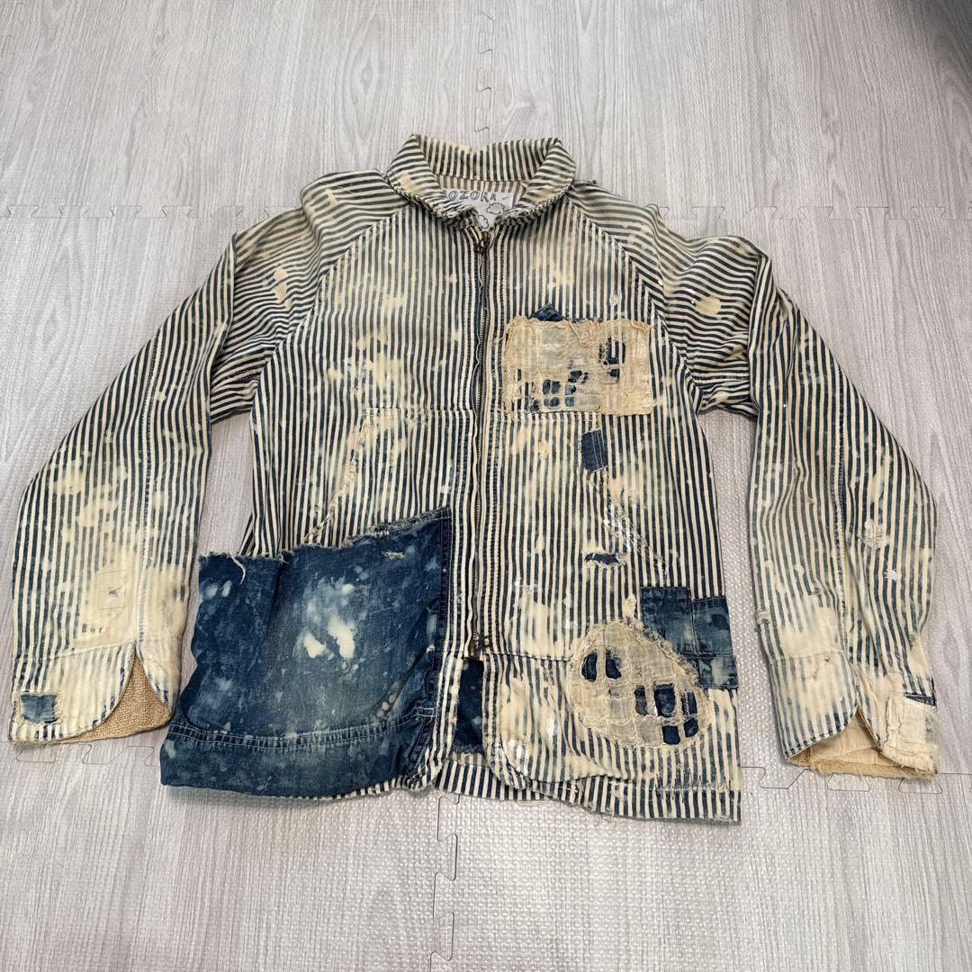 AOZORA ストライプ　カバーオール　ダメージ加工