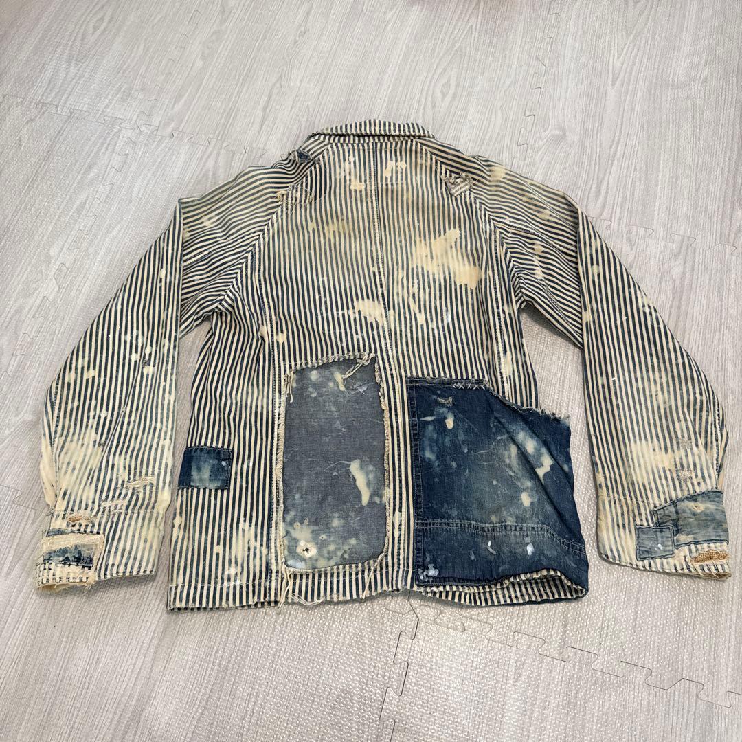 AOZORA ストライプ　カバーオール　ダメージ加工