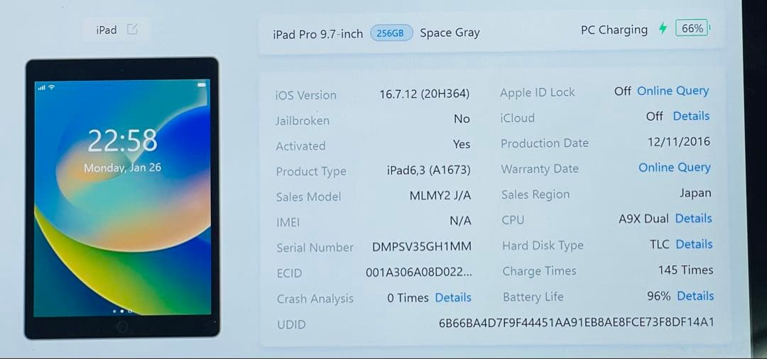 iPad Pro 9.7インチ 256GB Wi-fi A1673 96%