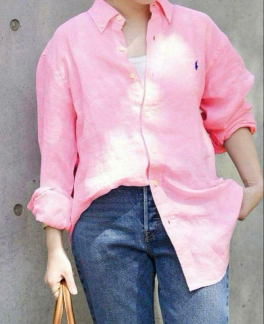 【美品】ポロ ラルフローレン ピンク 長袖 リネンシャツ サイズ S