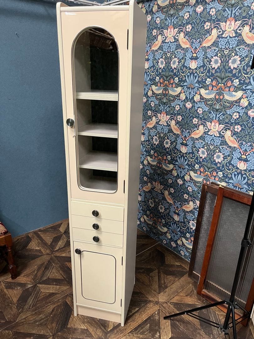 アーチ型 食器棚 飾り棚 小ぶり スリム 白 ホワイト 水屋 当時物 昭和レトロ