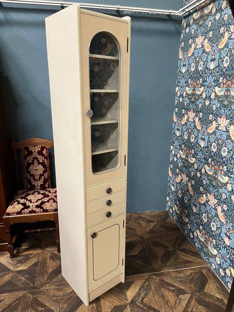 アーチ型 食器棚 飾り棚 小ぶり スリム 白 ホワイト 水屋 当時物 昭和レトロ