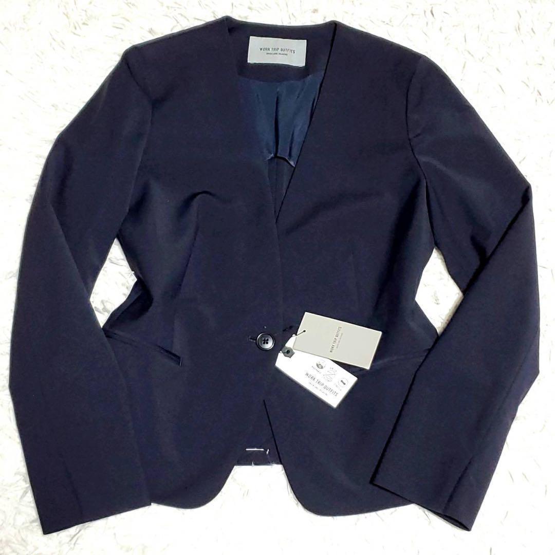 未使用タグ付 L グリーンレーベル 羊毛 ノーカラー スーツ 紺 膝丈 スカート