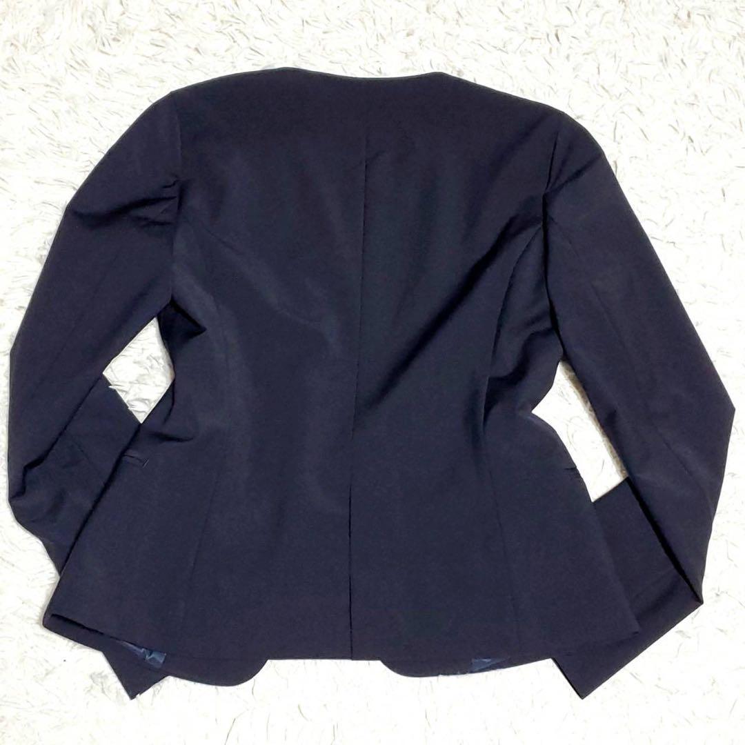 未使用タグ付 L グリーンレーベル 羊毛 ノーカラー スーツ 紺 膝丈 スカート