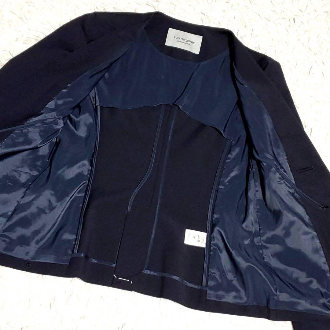 未使用タグ付 L グリーンレーベル 羊毛 ノーカラー スーツ 紺 膝丈 スカート