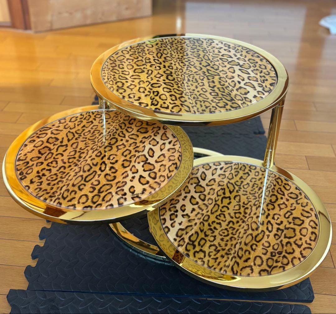 円形スライドテーブル　サイドテーブル　豹柄　ガラステーブル　ラウンドテーブル