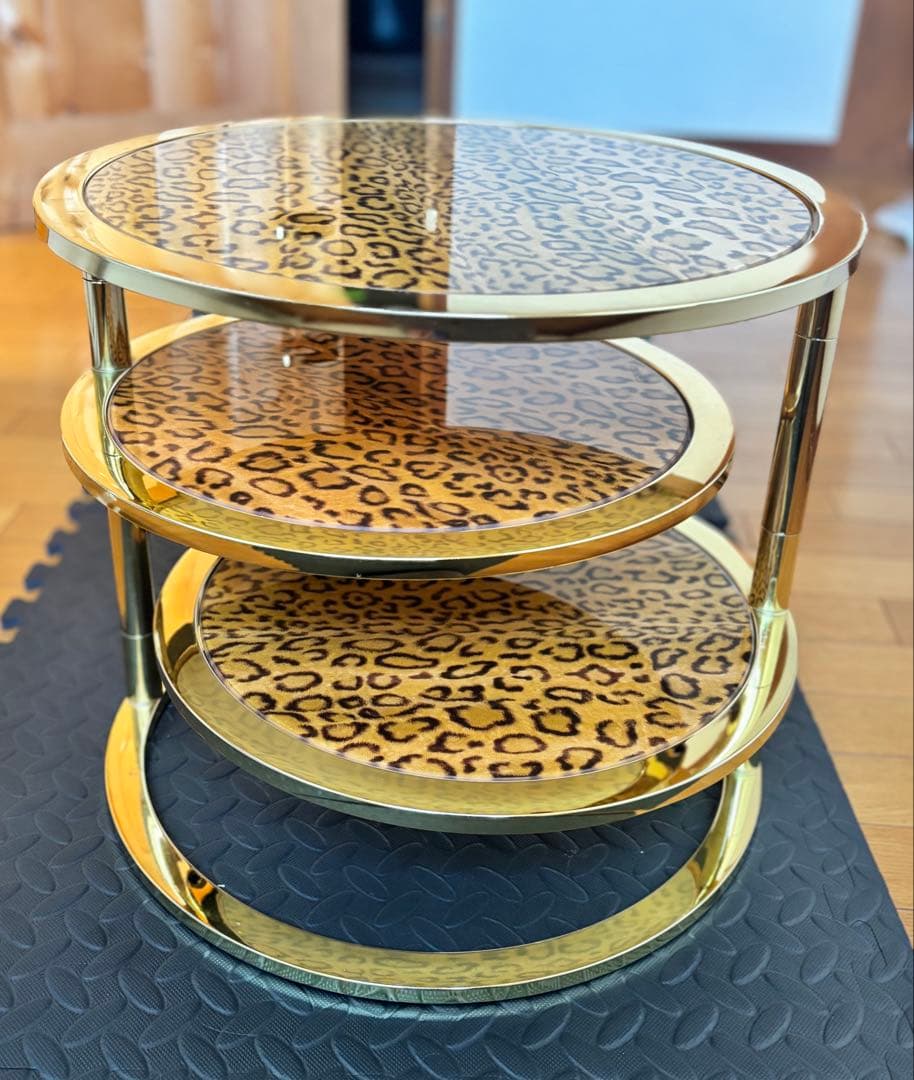 円形スライドテーブル　サイドテーブル　豹柄　ガラステーブル　ラウンドテーブル