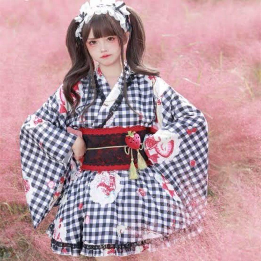 Toalice 浴衣セット いちごギンガムチェック