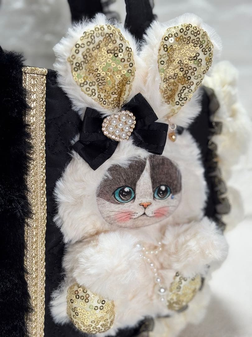 ニ*タ様 コヤンイサムチョン　ハンドメイド　ファーギャザーバッグ　黒うさちゃん