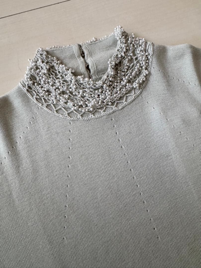 【新品】淡いブルーが素敵‼︎ ビーズアンサンブル ニット 毛100%上質