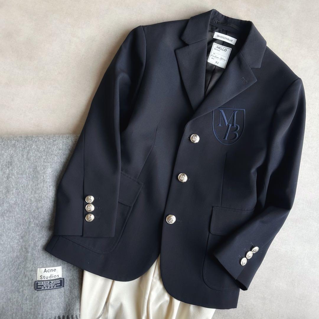 美品▲MADISONBLUE//ネイビージャケット ロゴ刺繍 シルバーボタン 紺