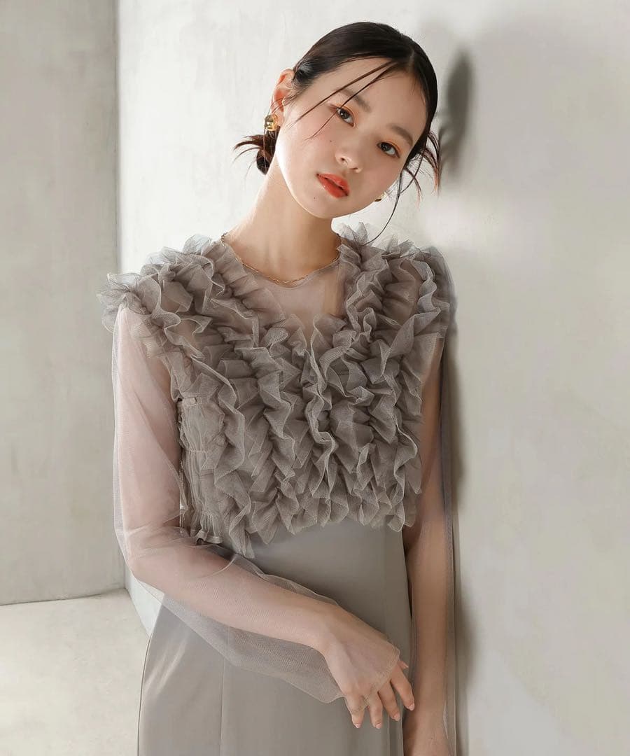 【sa-】チュールボリュームフリル ベスト シアー トップス ワンピース