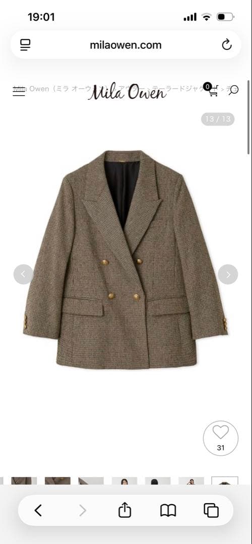 今季　ミラ オーウェン　チェック金釦ダブルブレストブレザー