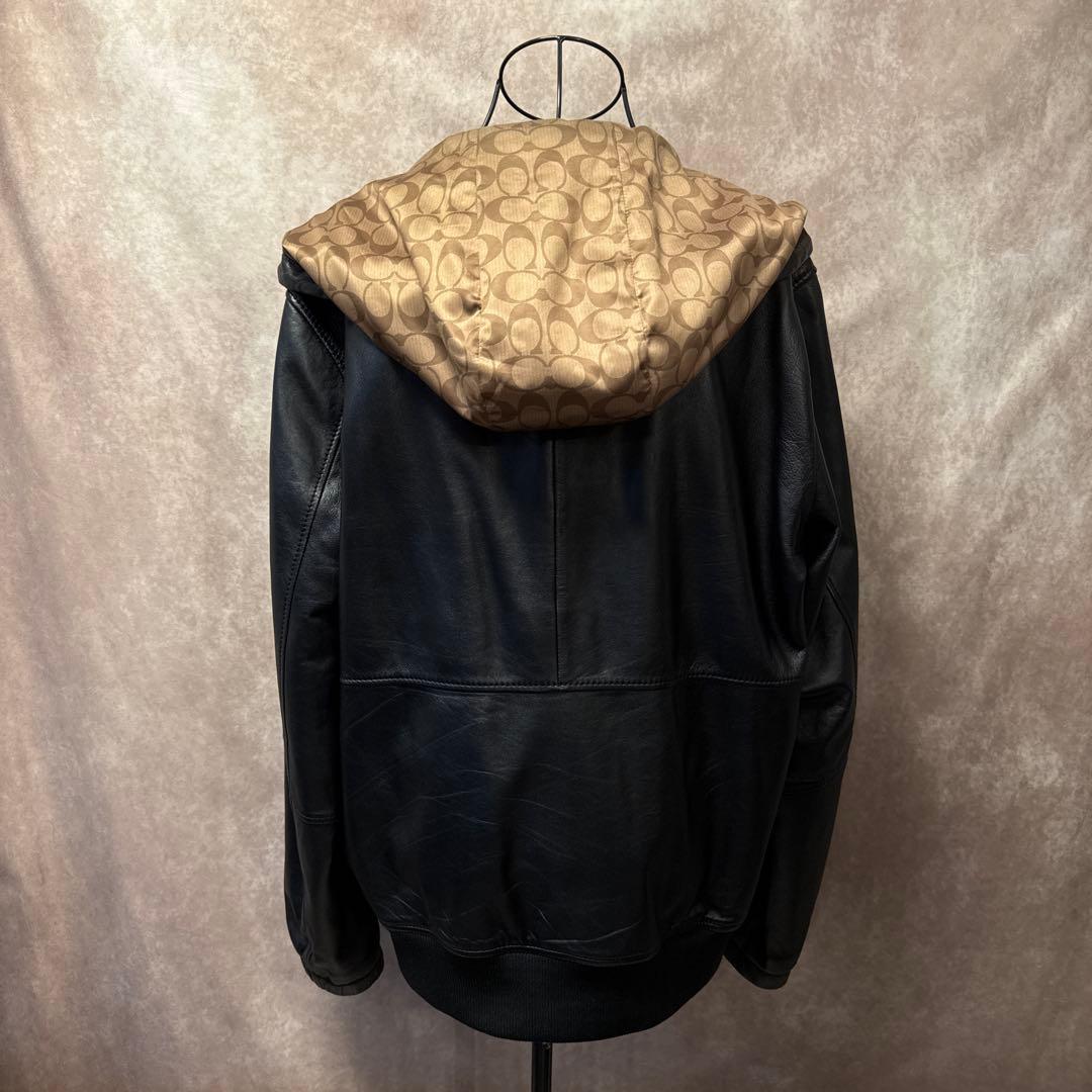 COACH レザーパーカー ラムレザー L フード付き ジップアップ ブラック