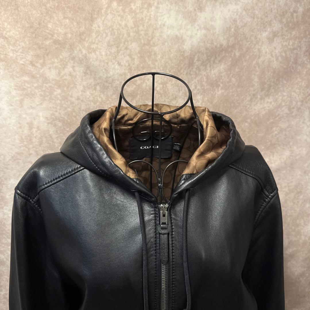COACH レザーパーカー ラムレザー L フード付き ジップアップ ブラック