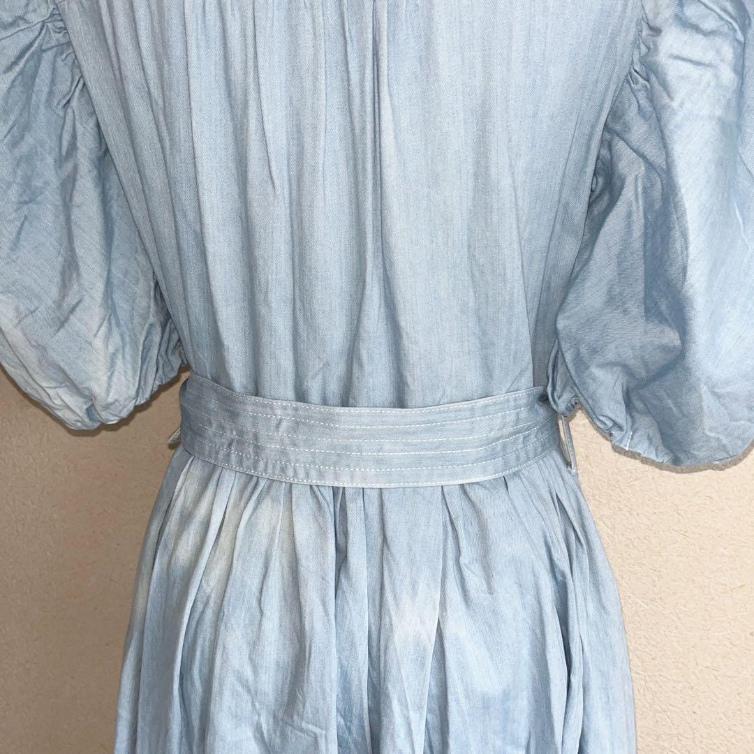 人気商品✨Estella.Kウォッシュデニム加工シャツロングワンピースパール青F