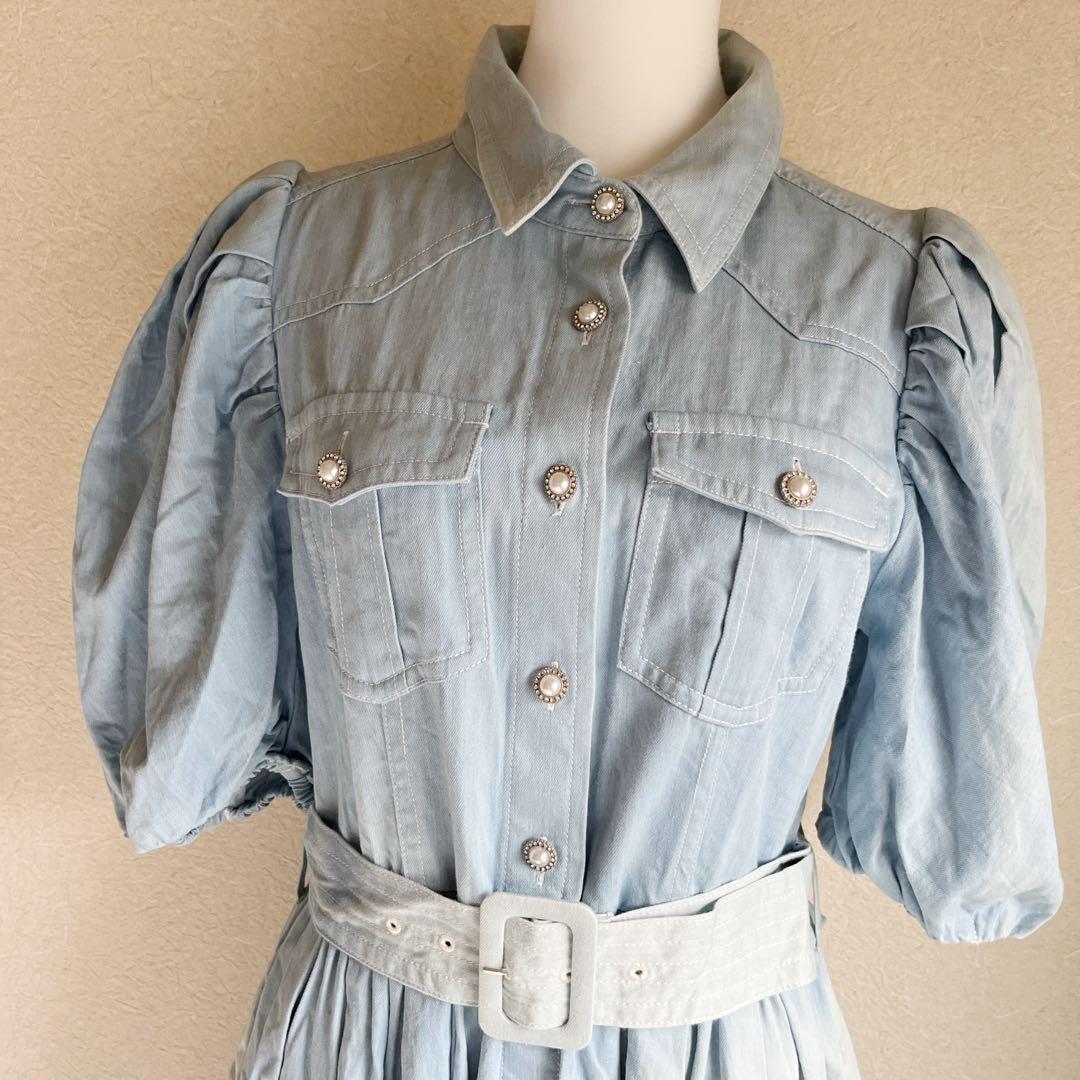 人気商品✨Estella.Kウォッシュデニム加工シャツロングワンピースパール青F