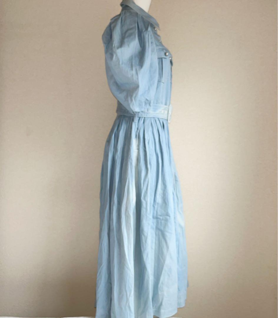 人気商品✨Estella.Kウォッシュデニム加工シャツロングワンピースパール青F