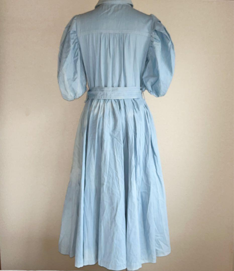 人気商品✨Estella.Kウォッシュデニム加工シャツロングワンピースパール青F