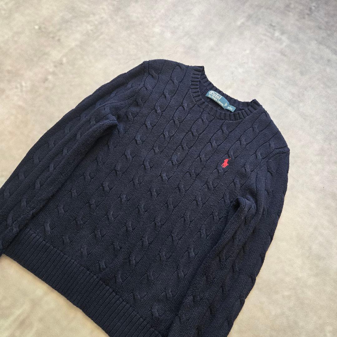 00sビンテージ ラルフローレン ロゴ刺繍 コットン ケーブルニット S 紺