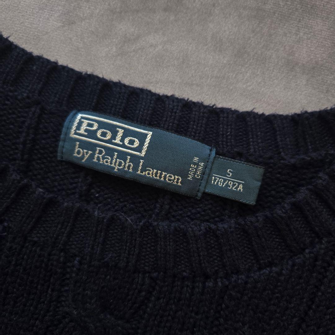 00sビンテージ ラルフローレン ロゴ刺繍 コットン ケーブルニット S 紺
