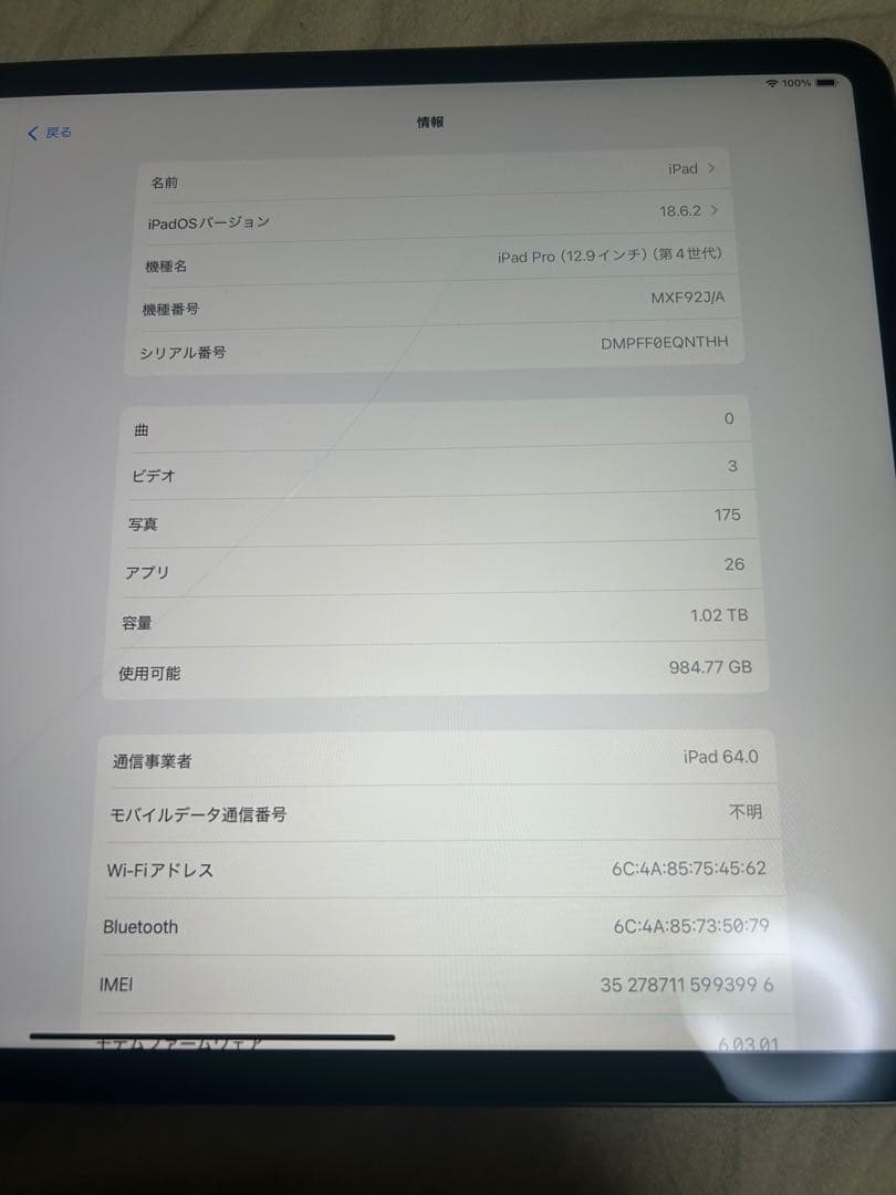 iPad Pro 12.9インチ（第4世代）Wi-Fi モデル 1TB
