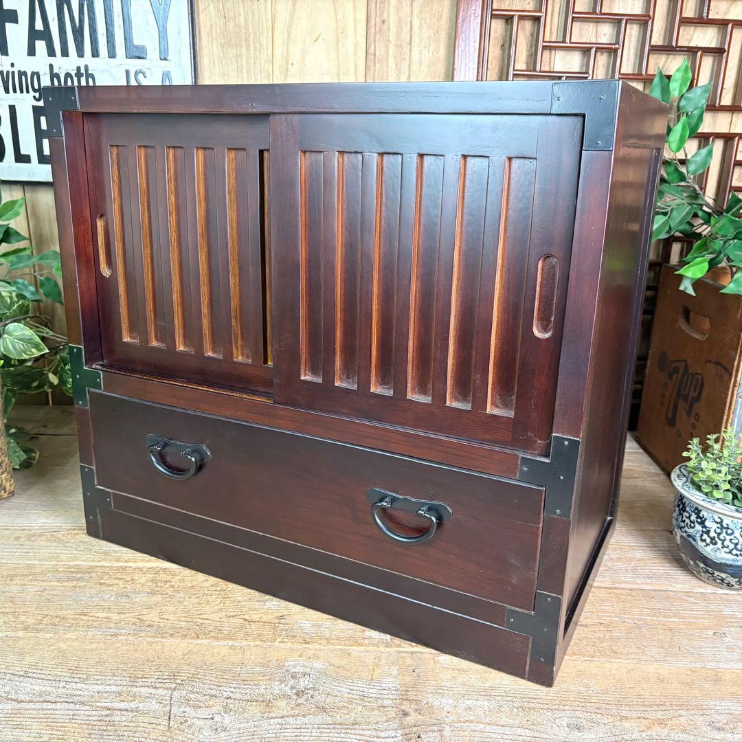 訳あり品！【81】民芸家具木製桐材無垢引き戸チェストタンス木製収納家具和室和風