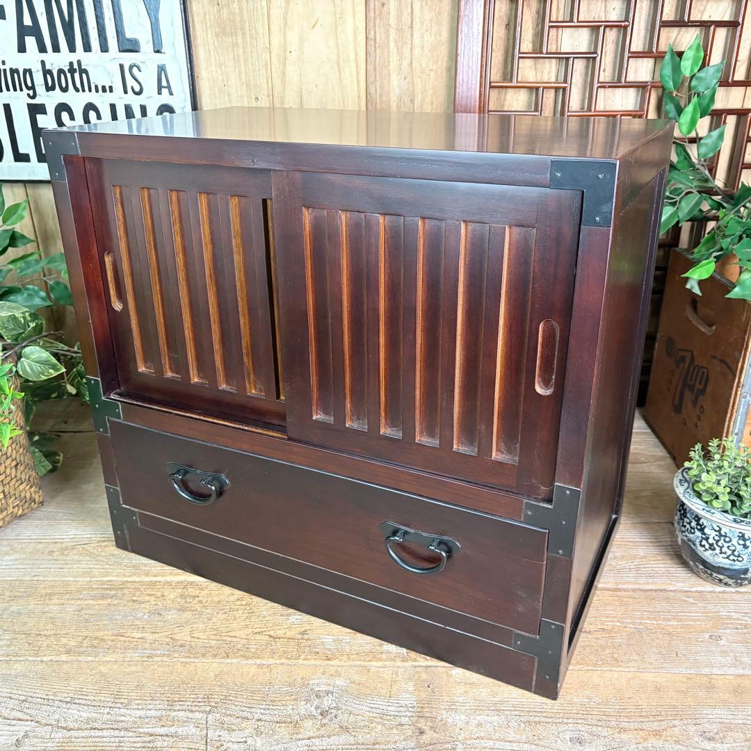 訳あり品！【81】民芸家具木製桐材無垢引き戸チェストタンス木製収納家具和室和風