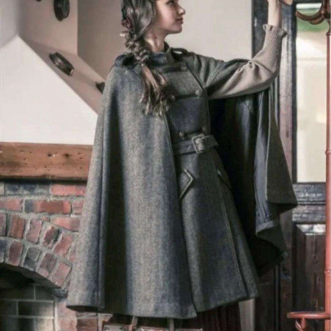 【試着のみ】アクシーズファム ナポレオン マント風コート ヘリンボーン グレーM