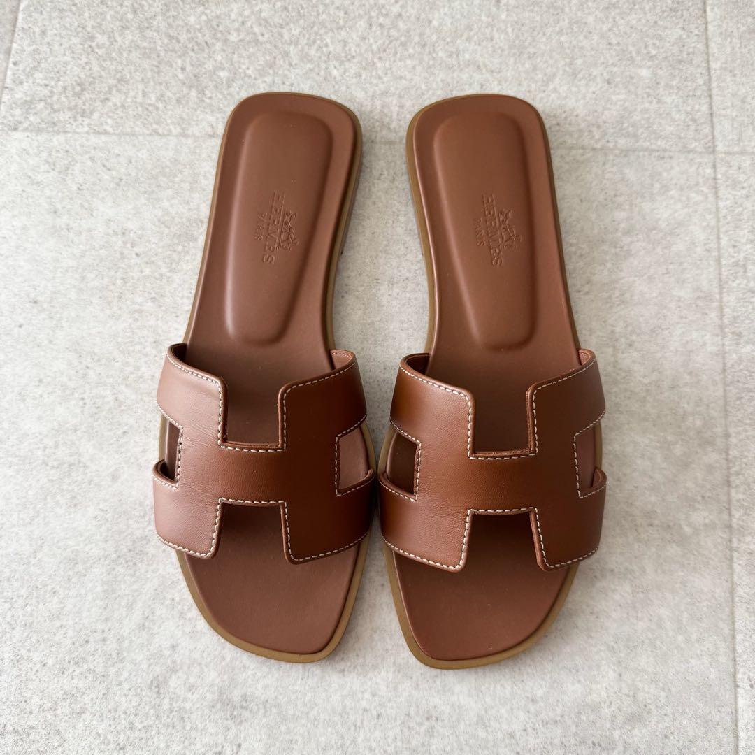 エルメス　オラン　サンダル　ロゴ　 ブラウン　茶色　34　レザー　極美品