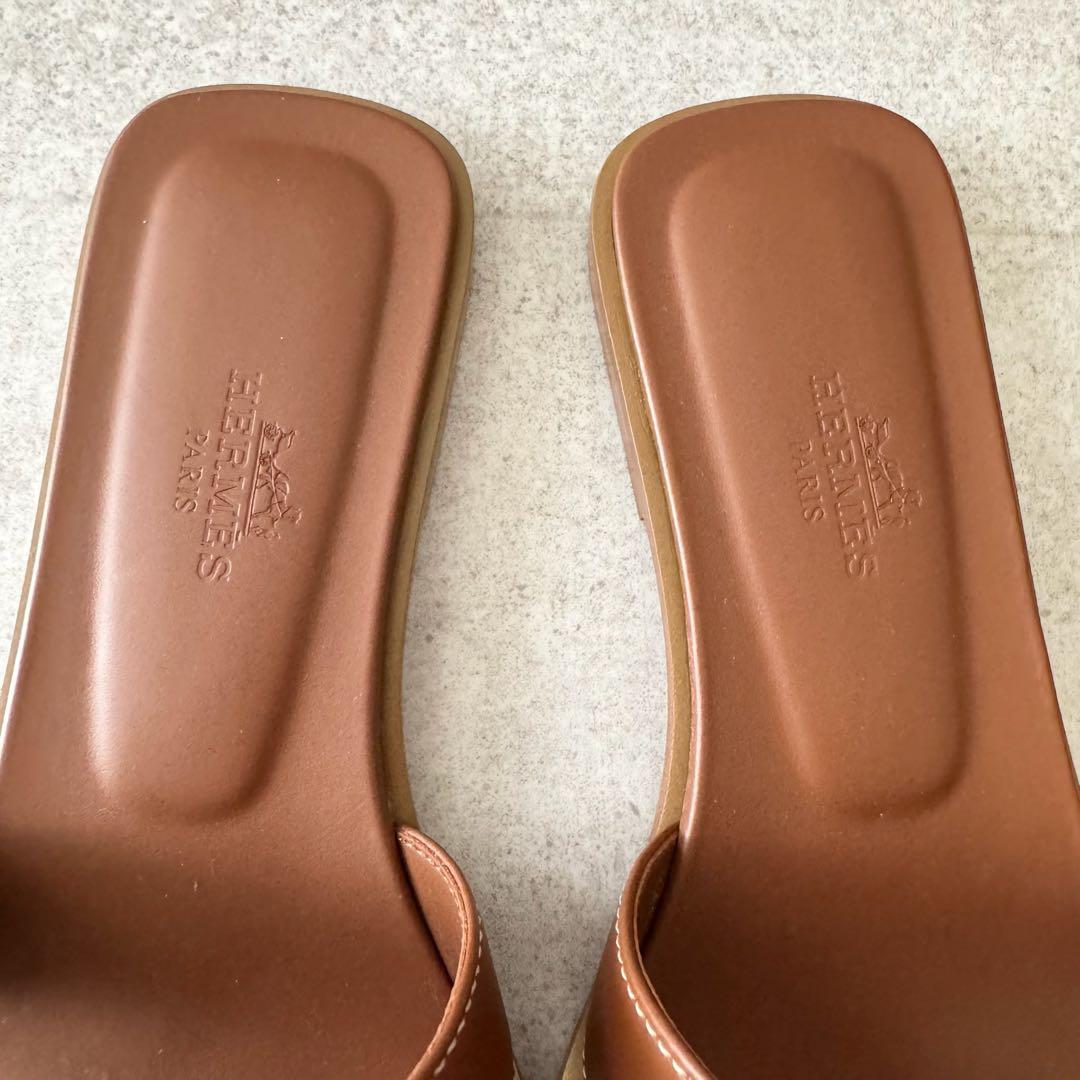 エルメス　オラン　サンダル　ロゴ　 ブラウン　茶色　34　レザー　極美品