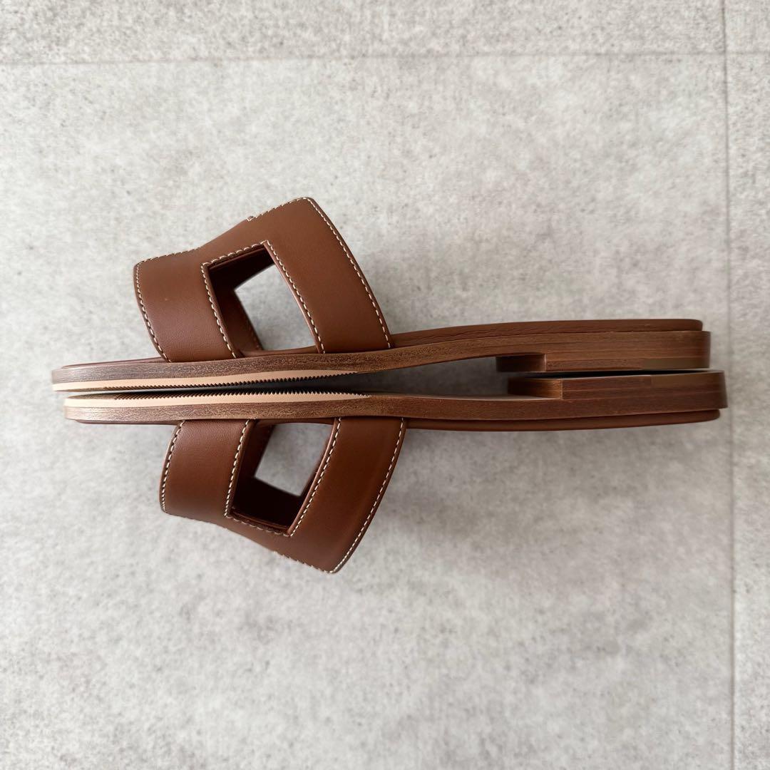 エルメス　オラン　サンダル　ロゴ　 ブラウン　茶色　34　レザー　極美品