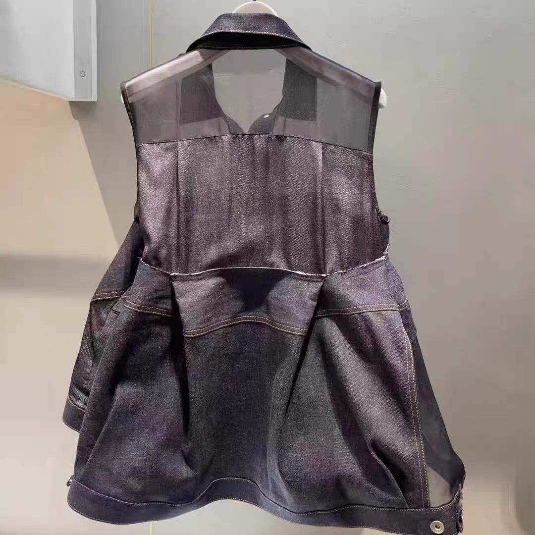 シースルー切り替えデニムノースリーブベスト デニムメッシュノースリーブジャケット