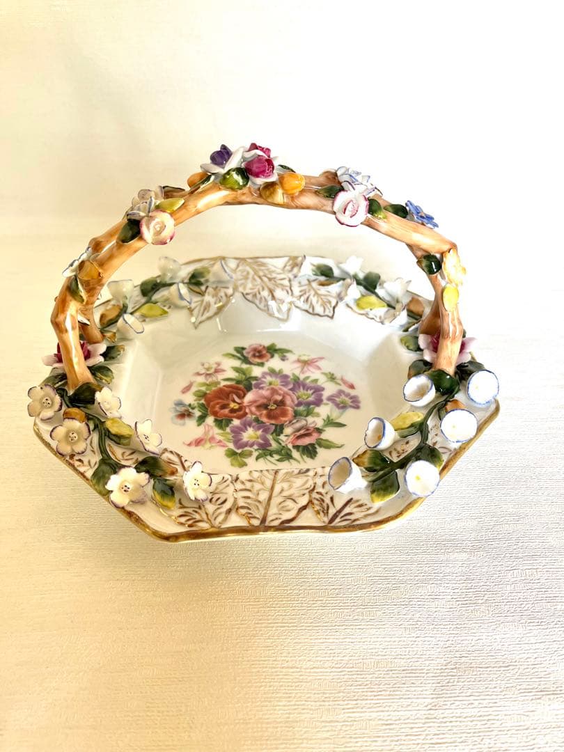 花柄装飾 八角形陶器バスケット