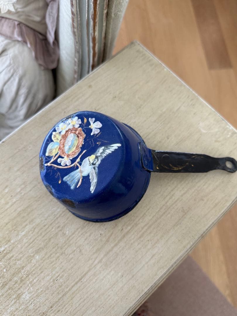 フランスアンティーク激レア小鳥の絵柄ハンドペイントのホーロースキマーと片手鍋