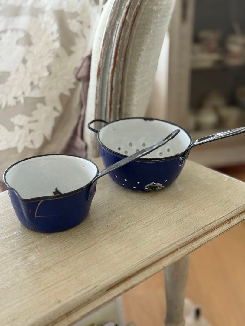 フランスアンティーク激レア小鳥の絵柄ハンドペイントのホーロースキマーと片手鍋