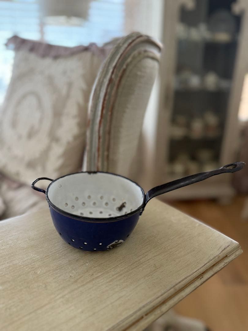 フランスアンティーク激レア小鳥の絵柄ハンドペイントのホーロースキマーと片手鍋