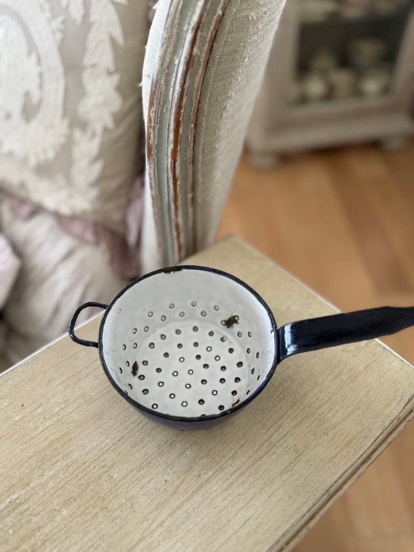 フランスアンティーク激レア小鳥の絵柄ハンドペイントのホーロースキマーと片手鍋