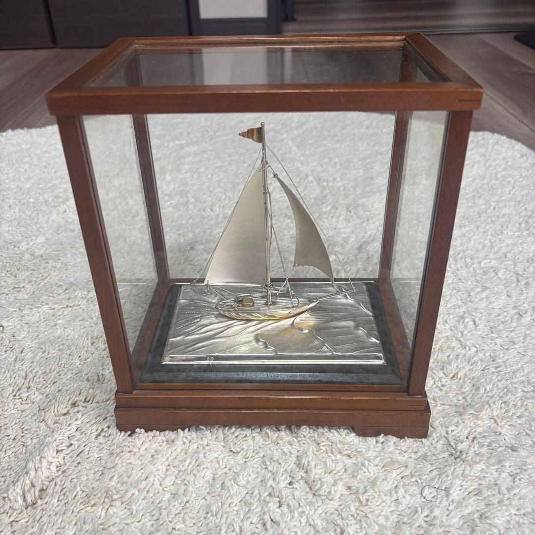 銀製 帆船置物 ガラスケース ヨット シルバー