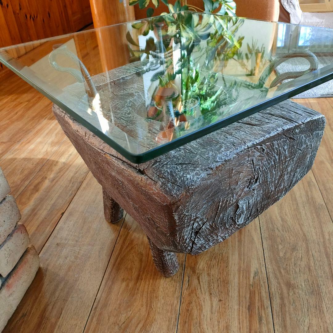 KAJA 古木 ガラス天板 ローテーブル アジアン リゾート モダンインテリア