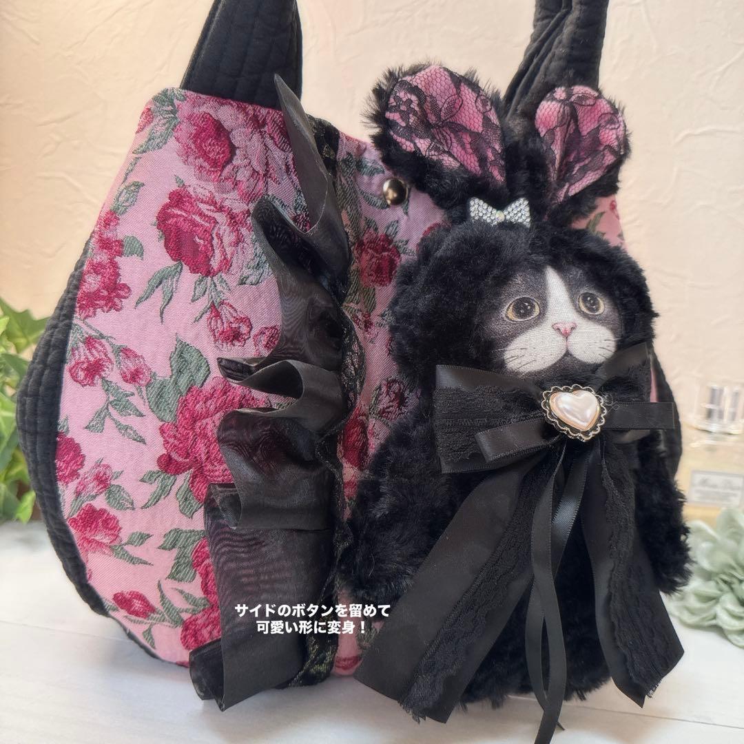 ゆ*ら様 コヤンイサムチョン♡ハチワレにゃんこの薔薇×ヌビポケット付きトートバッ