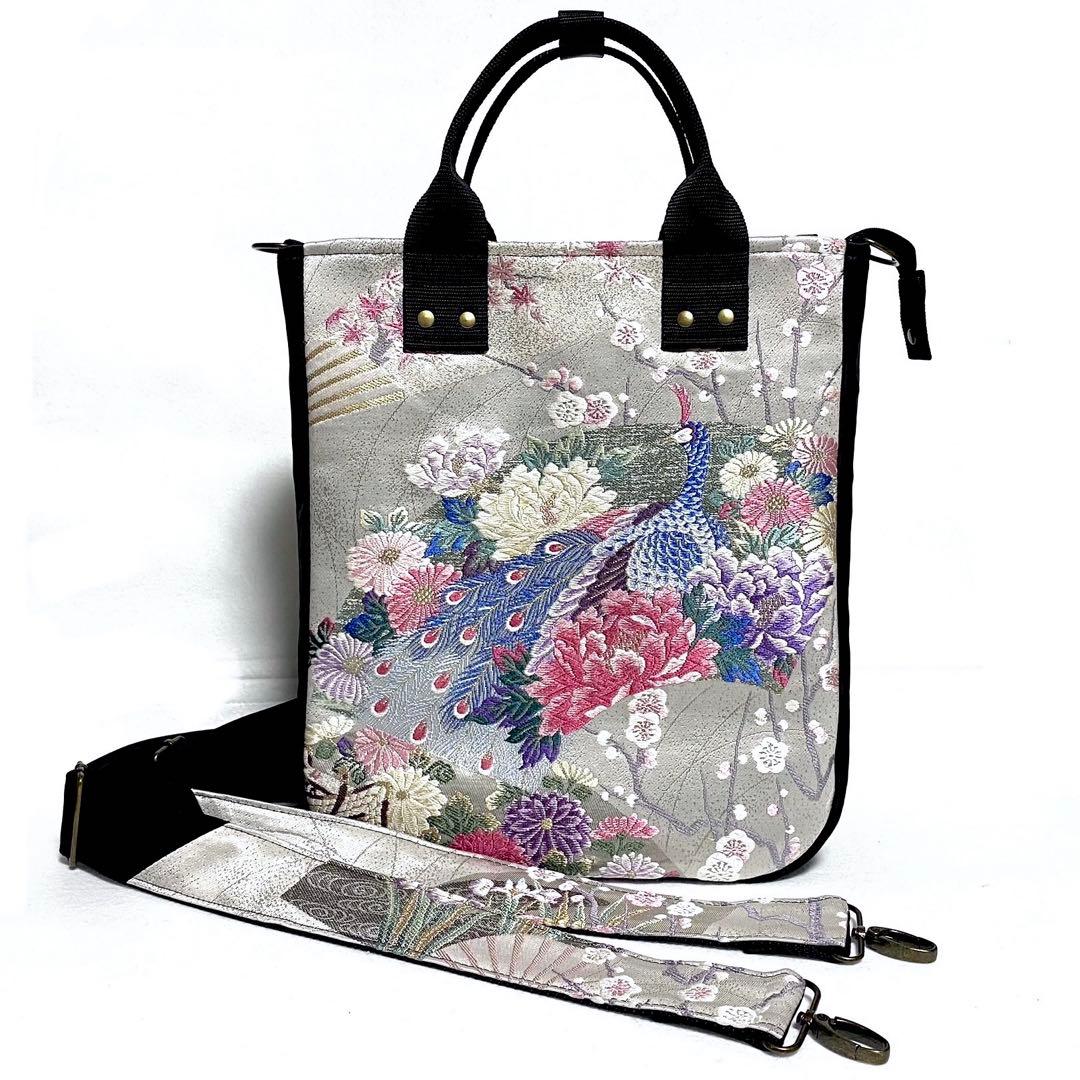 390 帯リメイク　孔雀の縦型リュック　3wayバッグ