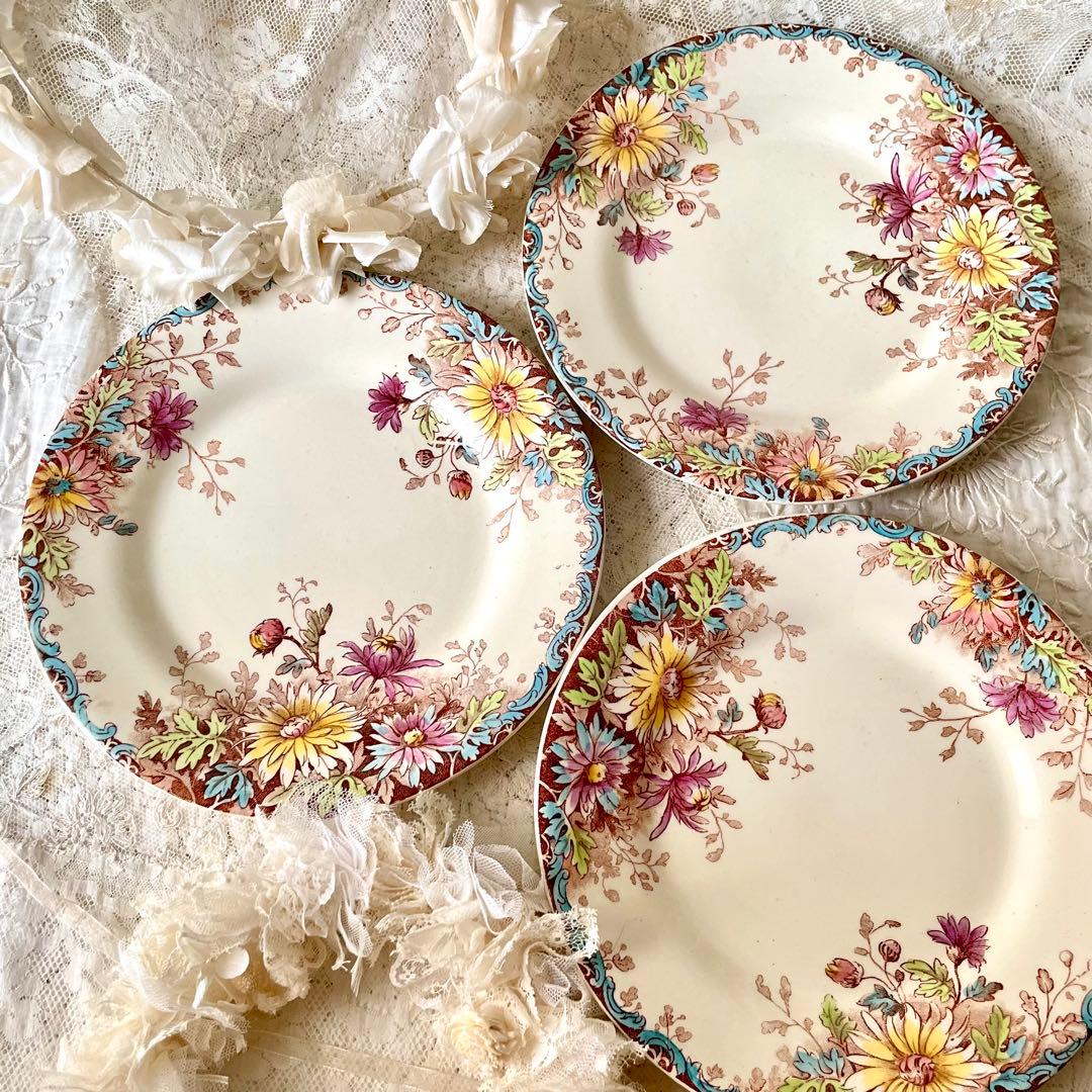 ジアンGien 秋の花フルールドトンヌ　デザートプレート3枚フランスアンティーク